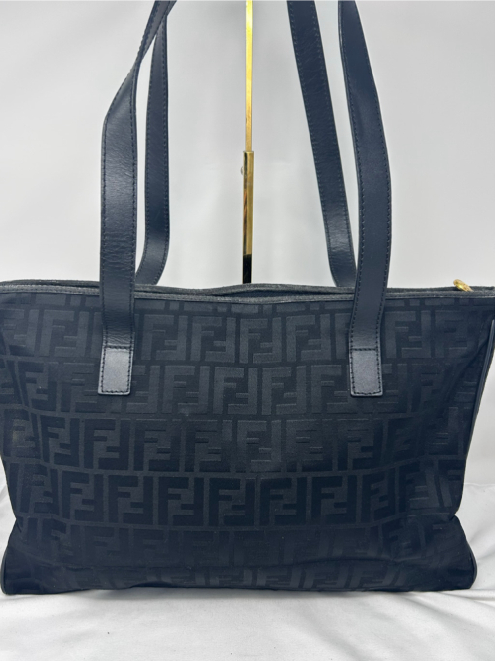Fendi Black Zucca Monogram Canvas Leather Zip Shoulder Tote Bag - Picture 3 of 16